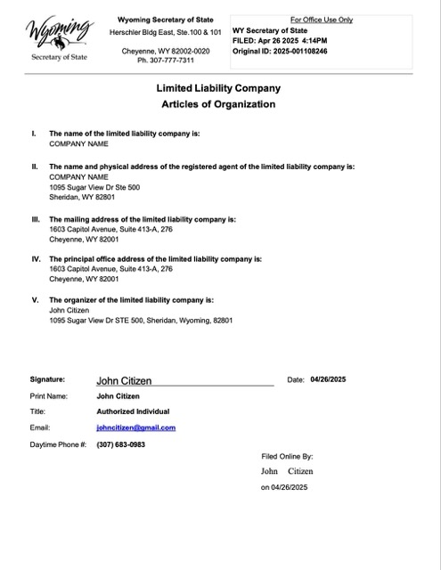 USA Wyoming articles of organization Word and PDF template